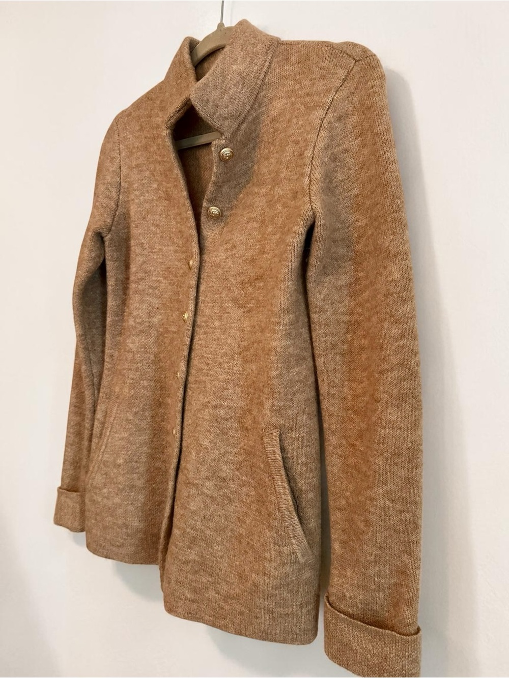 Adrienne Vittadini Camel Knit Stand-Collar Coat with Gold Buttons